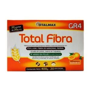 Total fibra mezcla psyllium, fibra de manzana papaya, ciruela en polvo, avena, te verde sabor artificial a Naranja caja x 20 sobres de 20 GR cada uno de Totalmax